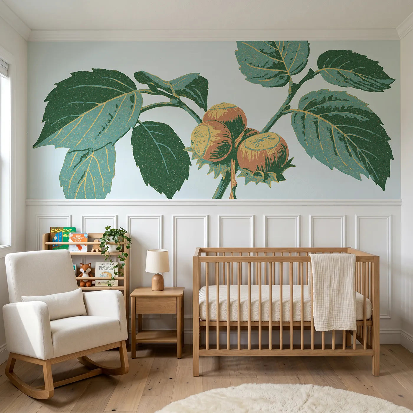 Block print wainscoting wallpaper of the carved nut cluster by Whimsy Tots
