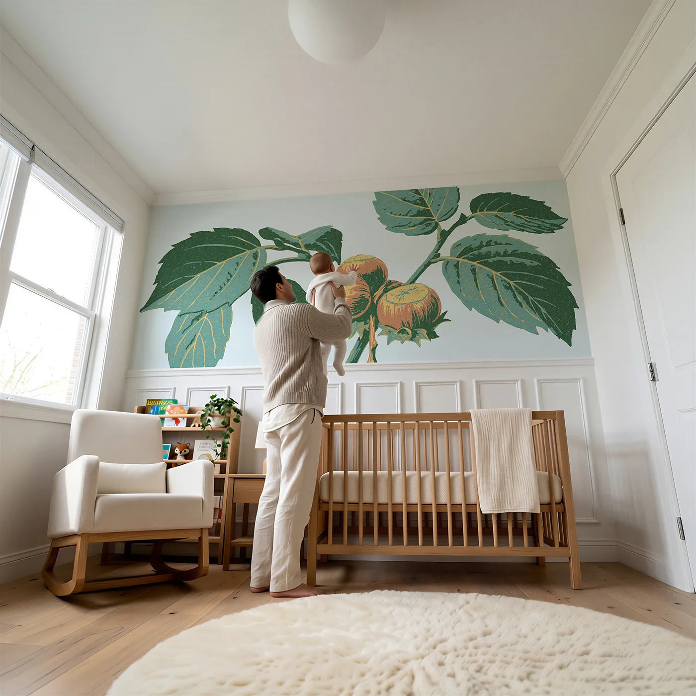 Child reading near The Carved Nut Cluster Wainscoting Wallpaper by Whimsy Tots
