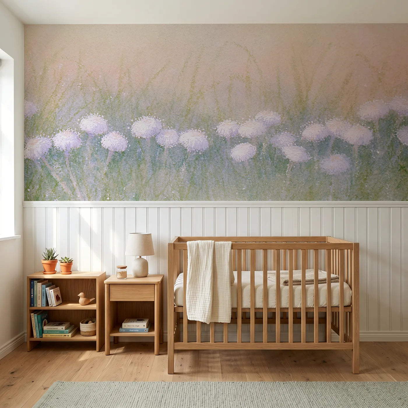 Soft pastel wainscoting wallpaper of buttons in the grass by Whimsy Tots