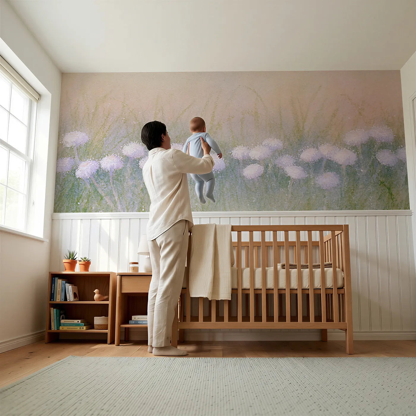 Child reading near Buttons In The Grass Wainscoting Wallpaper by Whimsy Tots