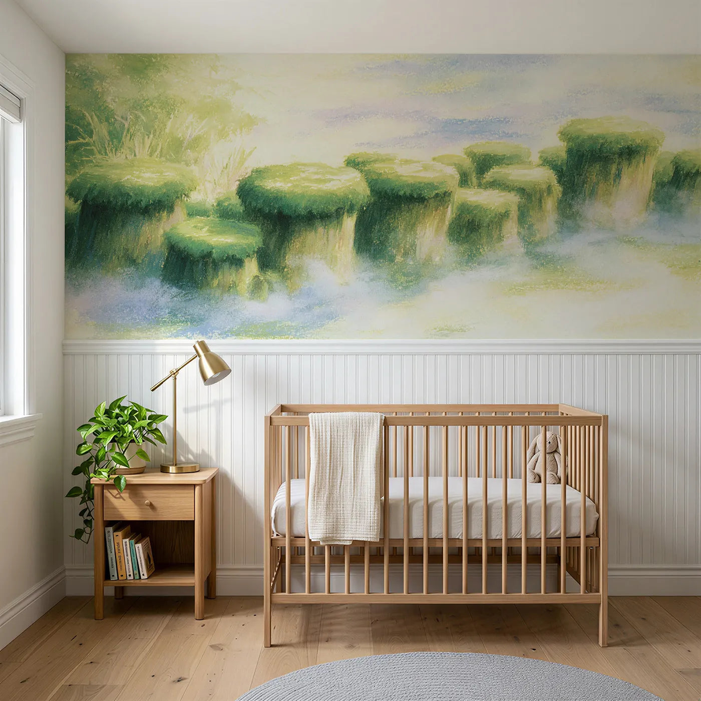 Soft pastel wainscoting wallpaper of moss cushions in a row by Whimsy Tots