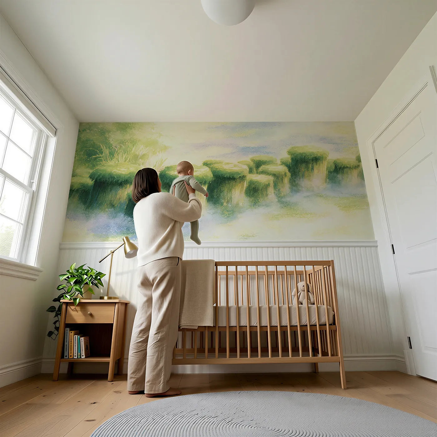 Child reading near Moss Cushions In A Row Wainscoting Wallpaper by Whimsy Tots