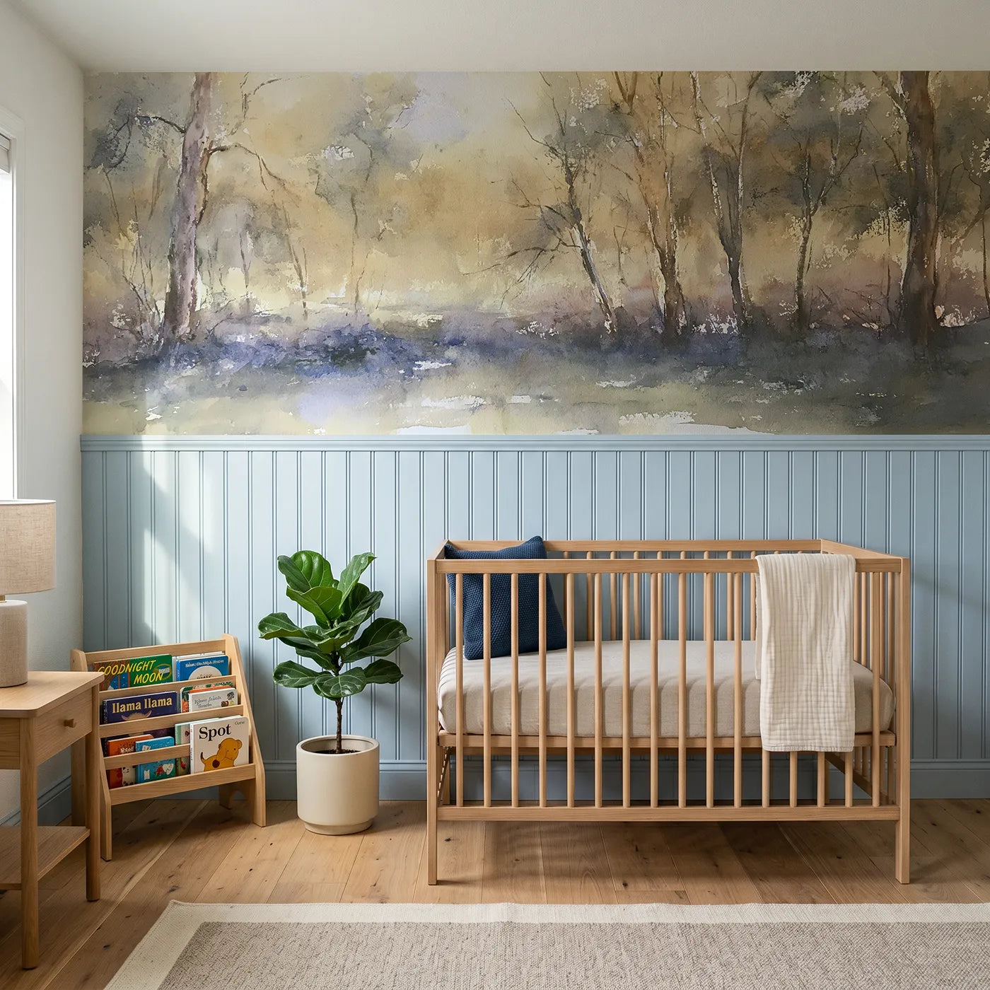 Watercolor wainscoting wallpaper of the blue hour pooling by Whimsy Tots