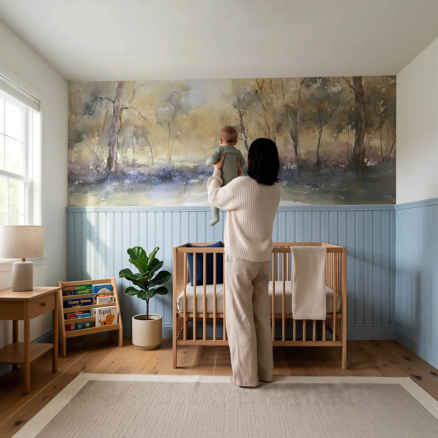 Child reading near The Blue Hour Pooling Wainscoting Wallpaper by Whimsy Tots