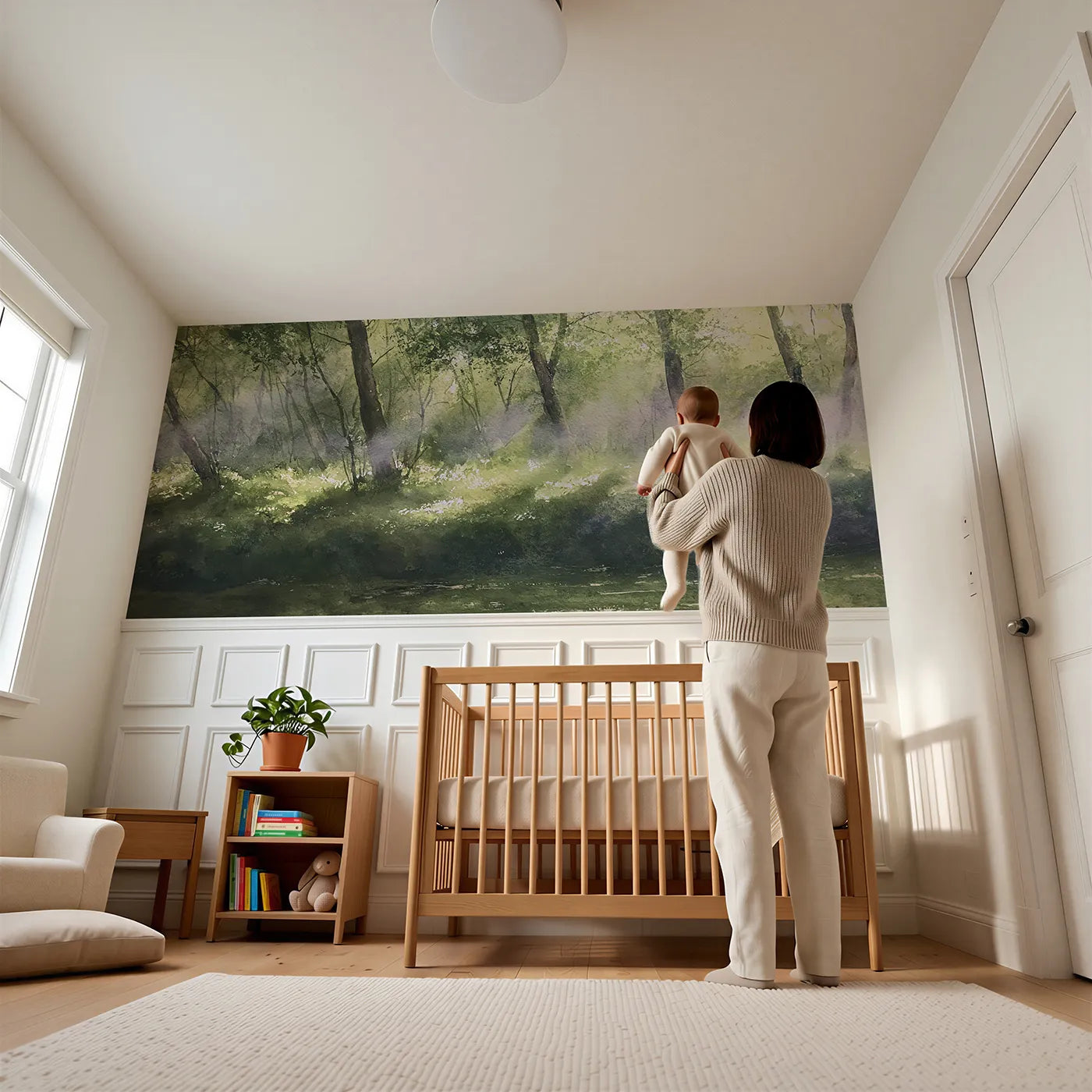 Child reading near The Wood Steaming Soft Wainscoting Wallpaper by Whimsy Tots