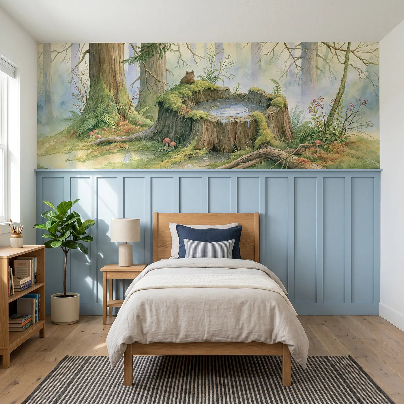 Storybook wainscoting wallpaper of the stumps own basin by Whimsy Tots