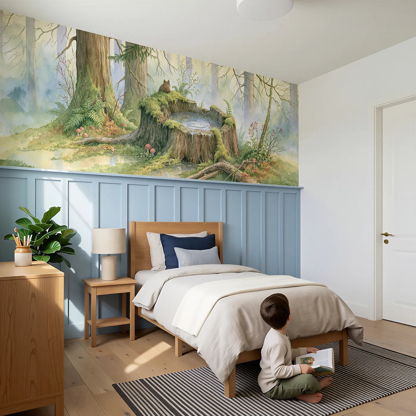 Child reading near The Stumps Own Basin Wainscoting Wallpaper by Whimsy Tots