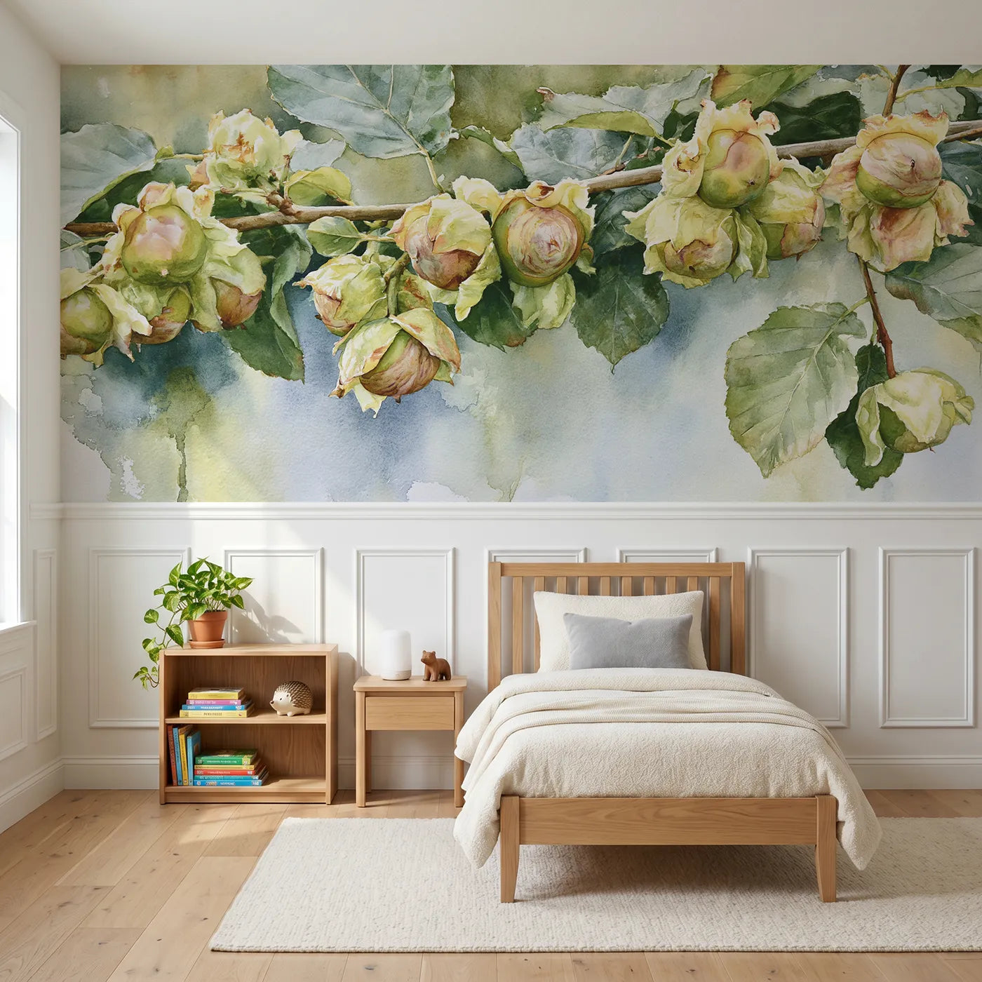 Watercolor wainscoting wallpaper of nuts in their green frills by Whimsy Tots