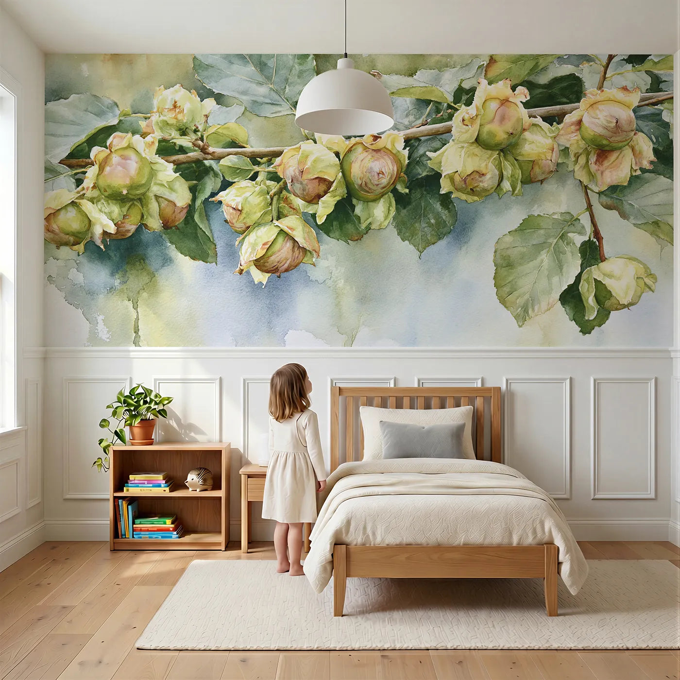 Child reading near Nuts In Their Green Frills Wainscoting Wallpaper by Whimsy Tots