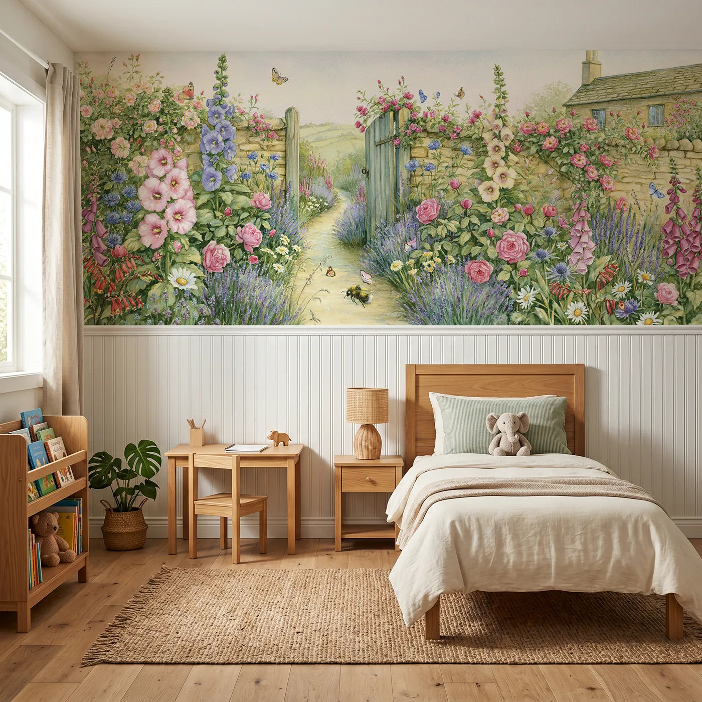 Storybook wainscoting wallpaper of the flowery cottage gate by Whimsy Tots