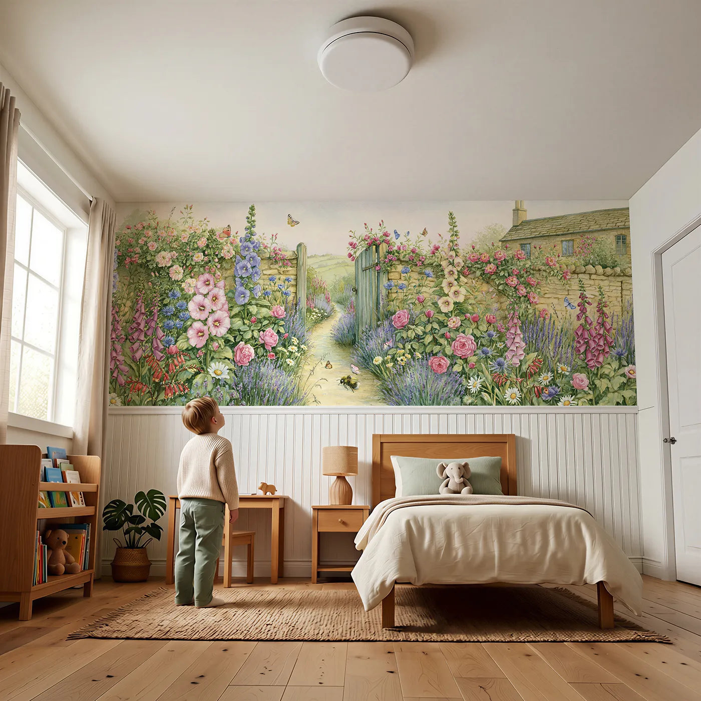 Child reading near The Flowery Cottage Gate Wainscoting Wallpaper by Whimsy Tots