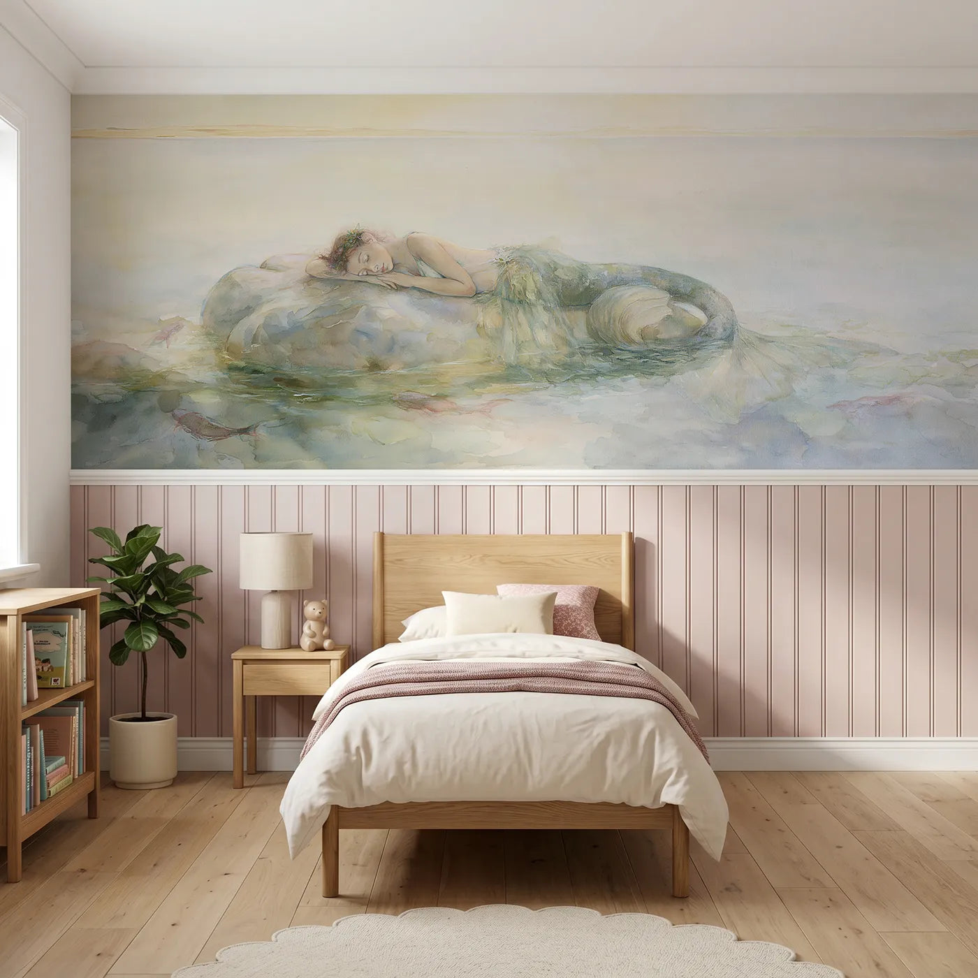 Watercolor wainscoting wallpaper of asleep on the sun rock by Whimsy Tots