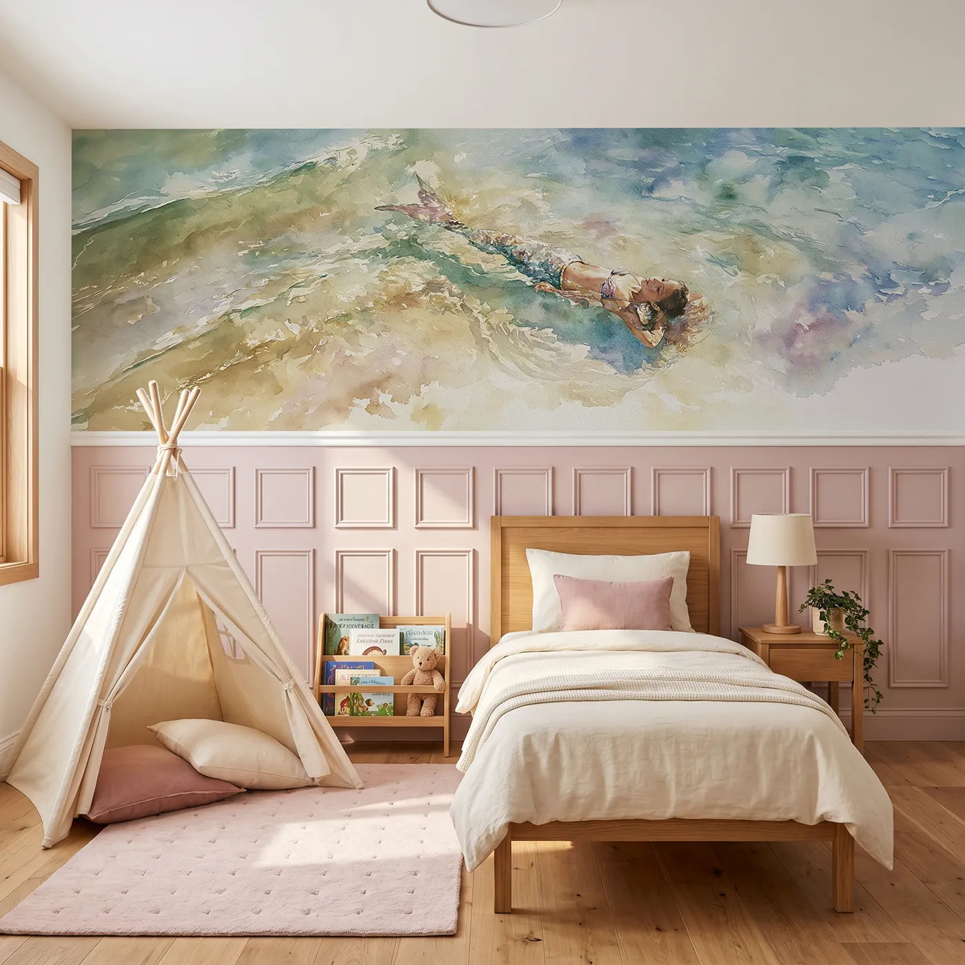 Watercolor wainscoting wallpaper of her shadow on bright sand by Whimsy Tots