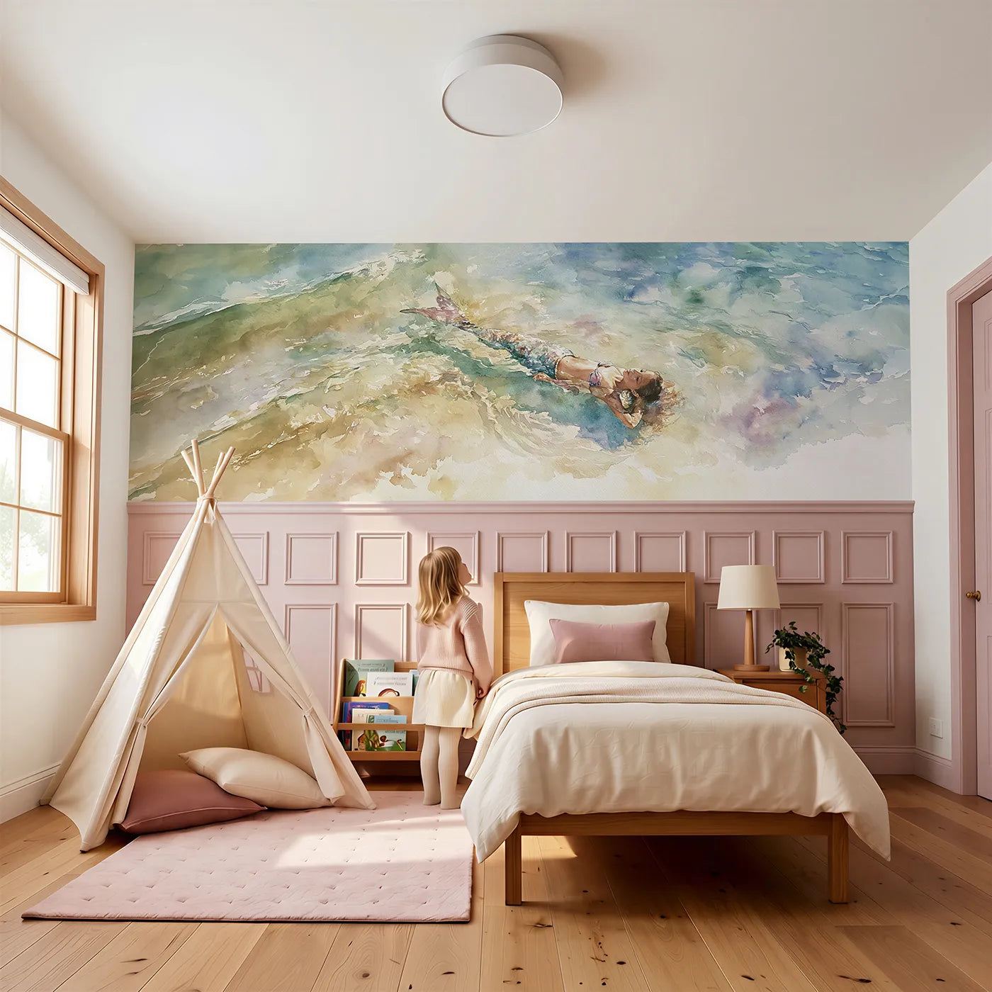 Child reading near Her Shadow On Bright Sand Wainscoting Wallpaper by Whimsy Tots