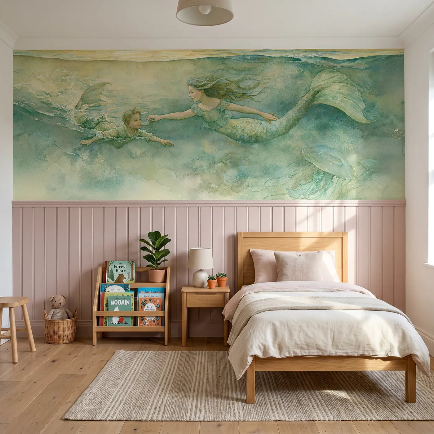 Storybook wainscoting wallpaper of the first swimming lesson by Whimsy Tots
