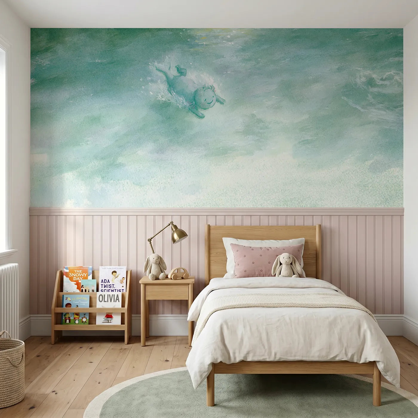 Soft pastel wainscoting wallpaper of the first somersault by Whimsy Tots