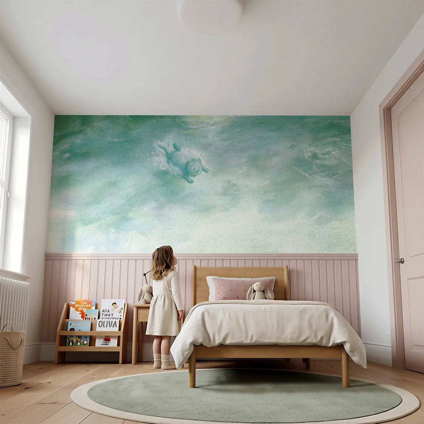 Child reading near The First Somersault Wainscoting Wallpaper by Whimsy Tots