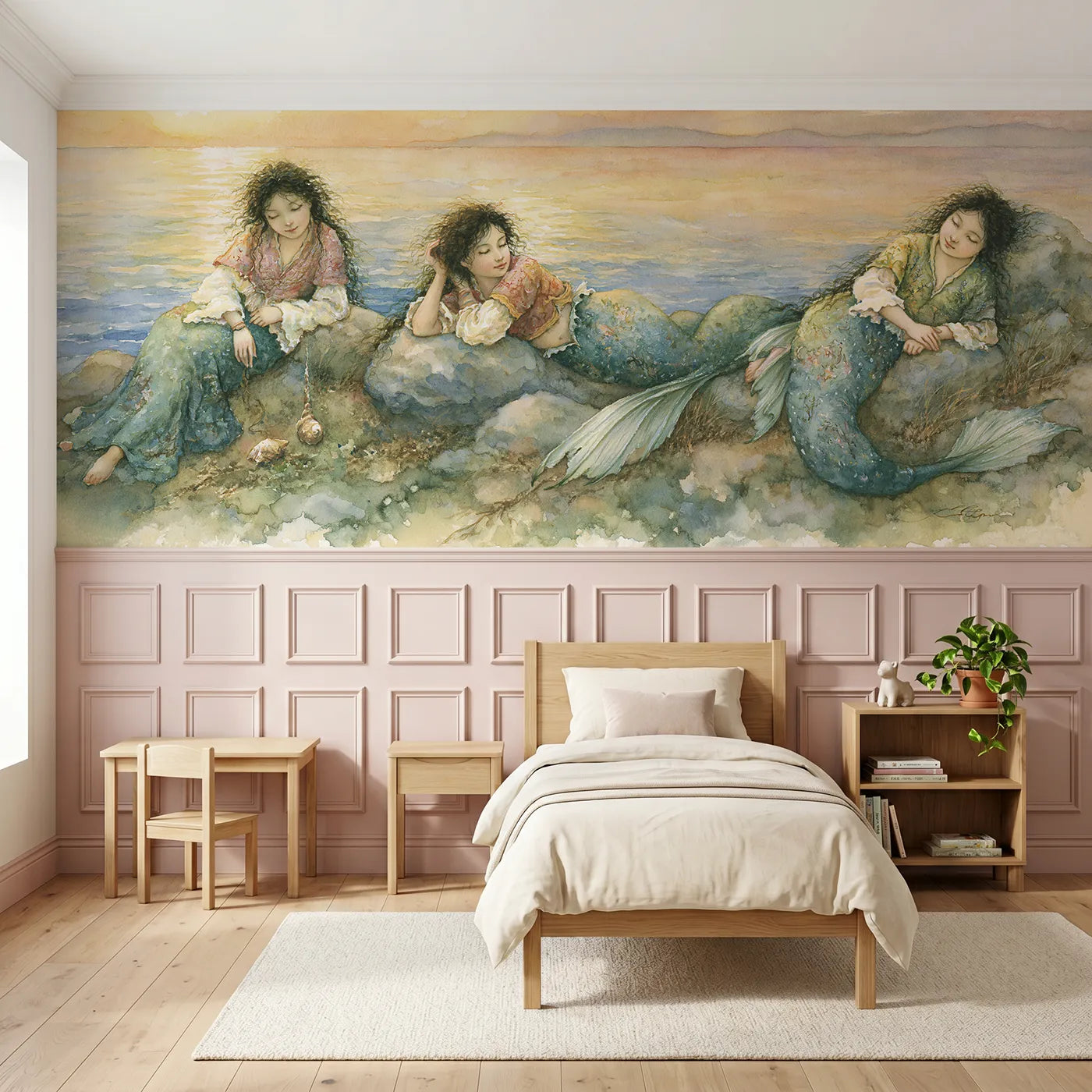 Storybook wainscoting wallpaper of three sisters on the rocks by Whimsy Tots