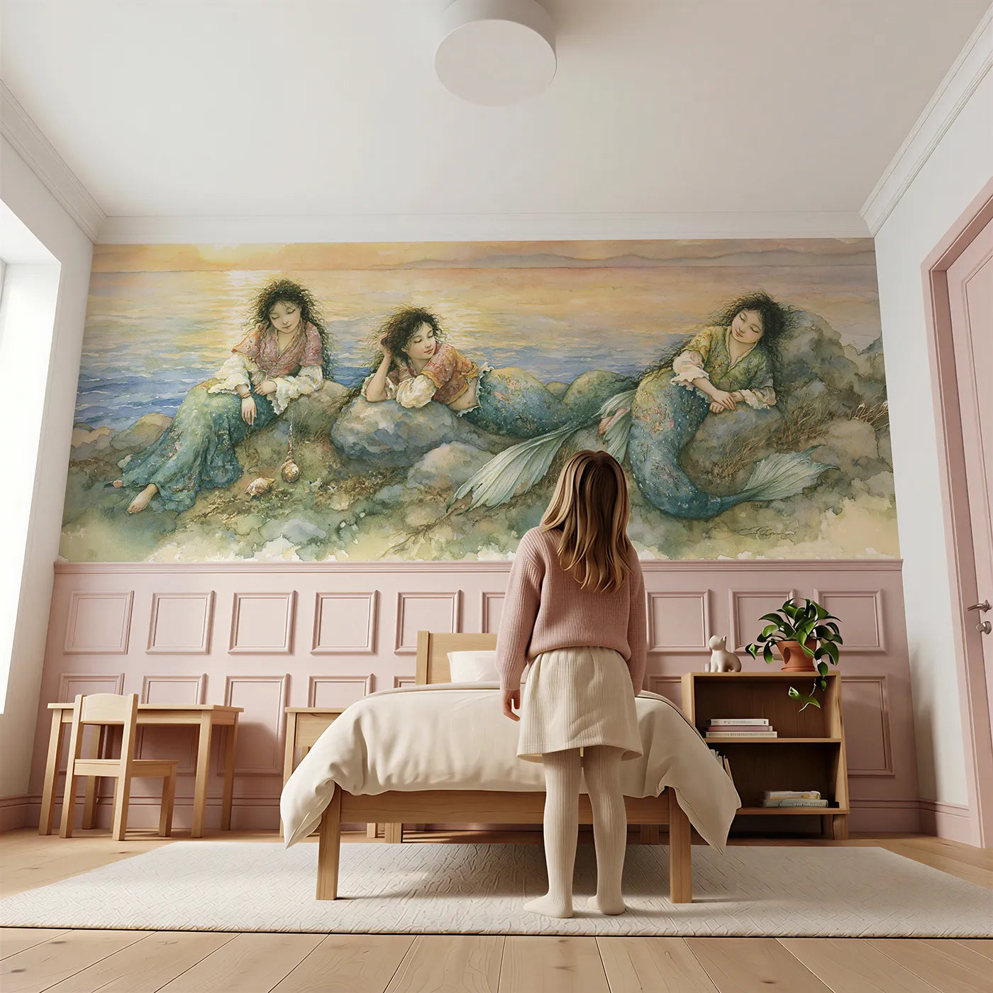 Child reading near Three Sisters On The Rocks Wainscoting Wallpaper by Whimsy Tots
