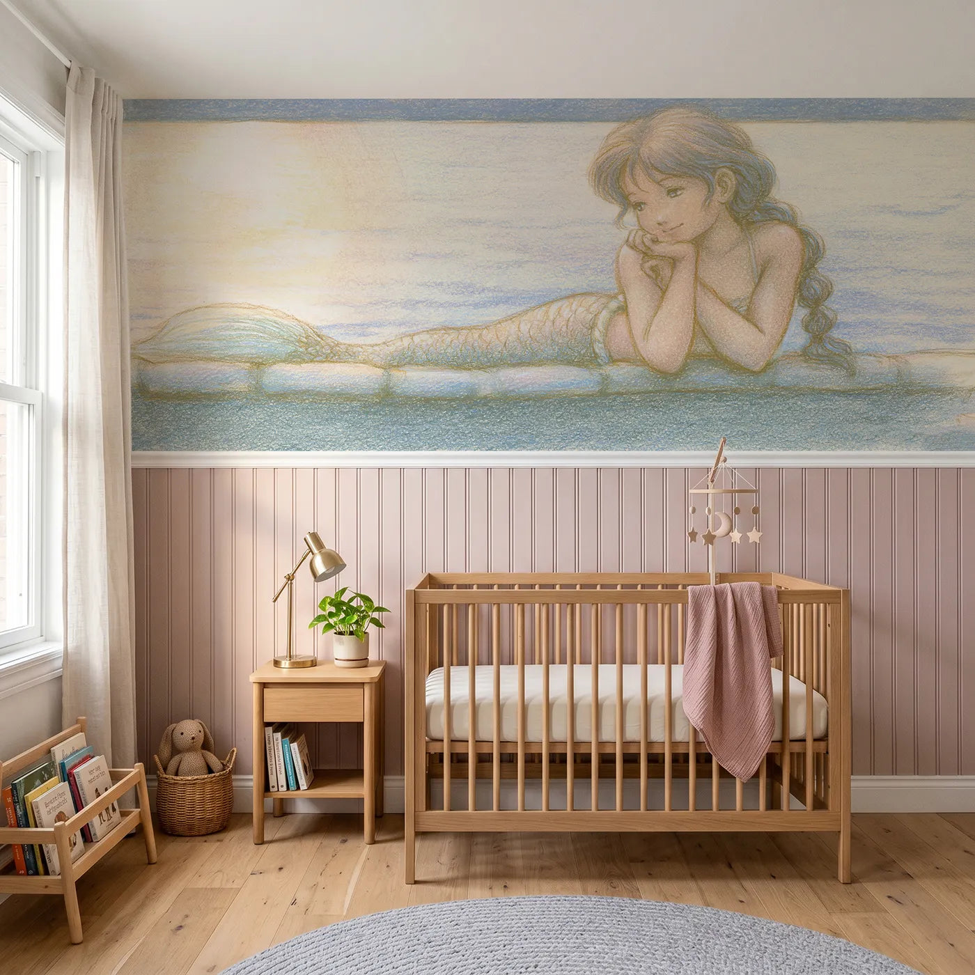 Colored pencil wainscoting wallpaper of chin on hands moonrise by Whimsy Tots