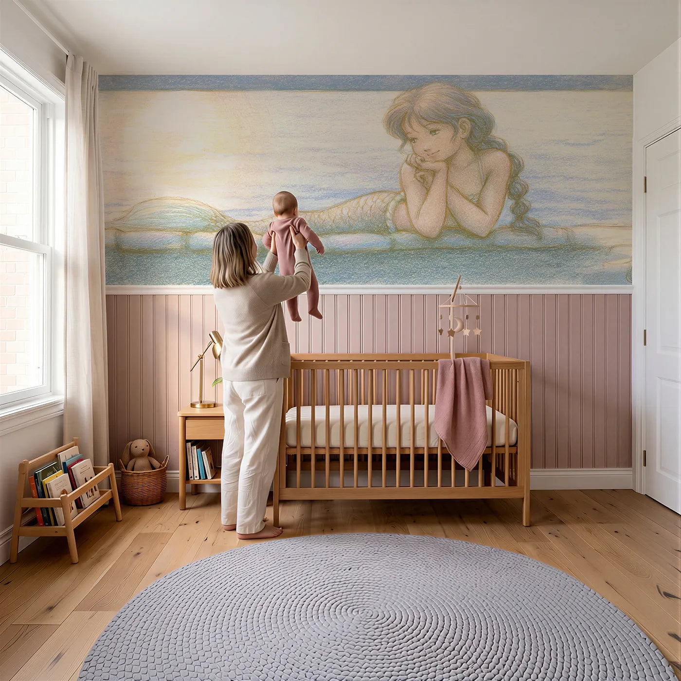 Child reading near Chin On Hands Moonrise Wainscoting Wallpaper by Whimsy Tots