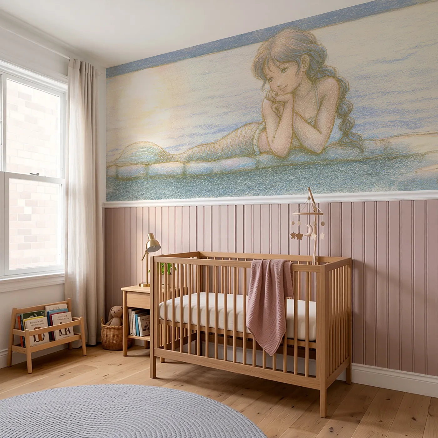 Chin On Hands Moonrise Wainscoting Wallpaper styled in a kids room by Whimsy Tots