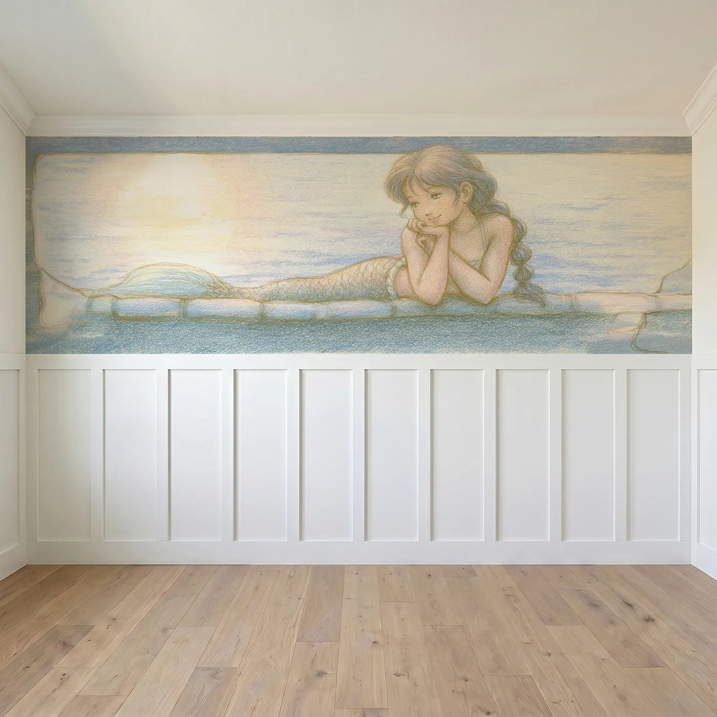 Full panel view of Chin On Hands Moonrise Wainscoting Wallpaper by Whimsy Tots