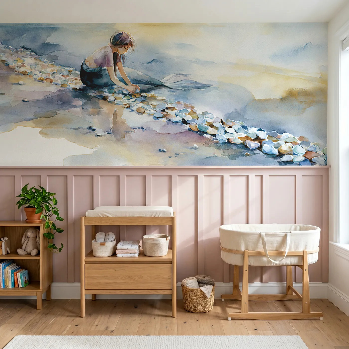 Watercolor wainscoting wallpaper of sorting the sea glass by Whimsy Tots