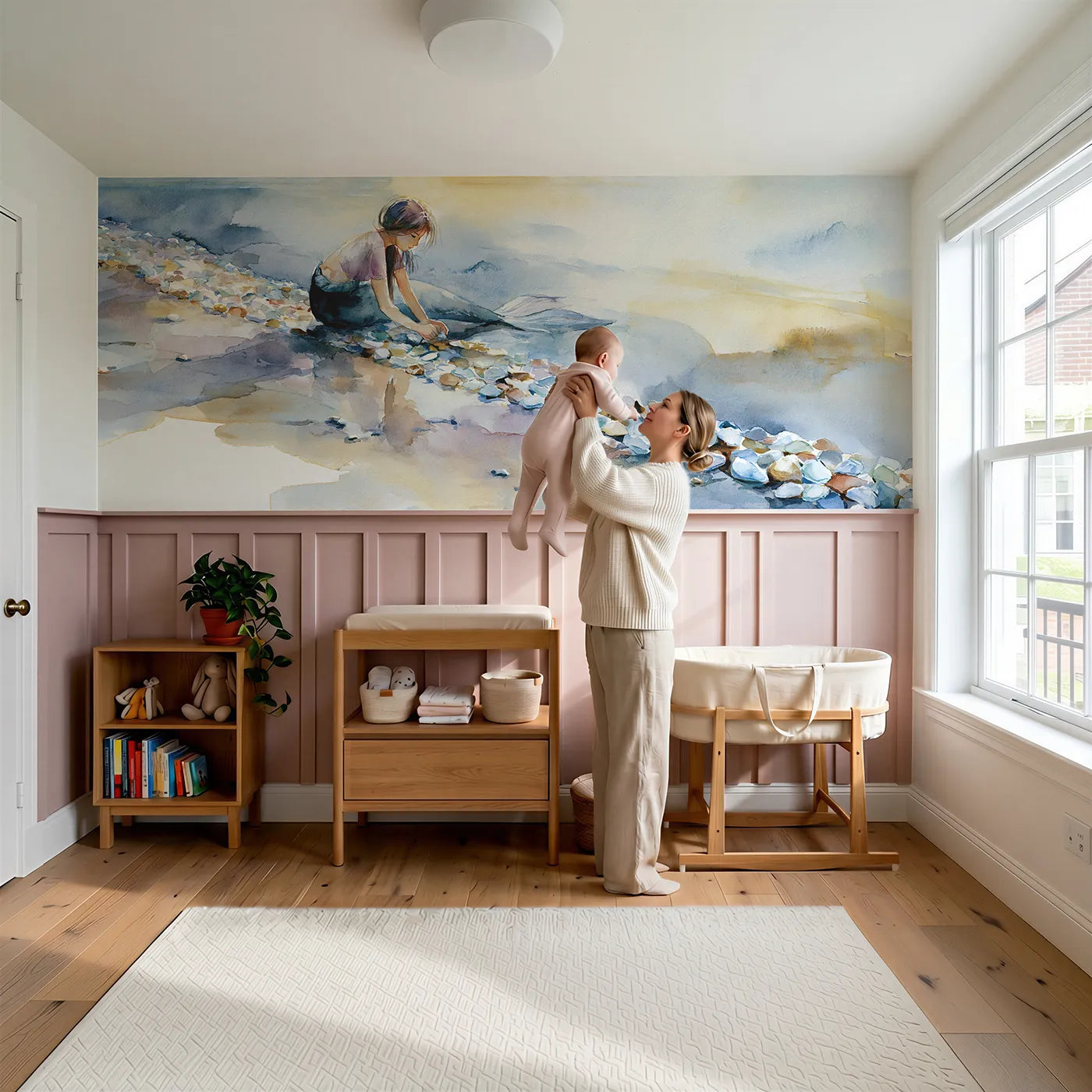 Child reading near Sorting The Sea Glass Wainscoting Wallpaper by Whimsy Tots