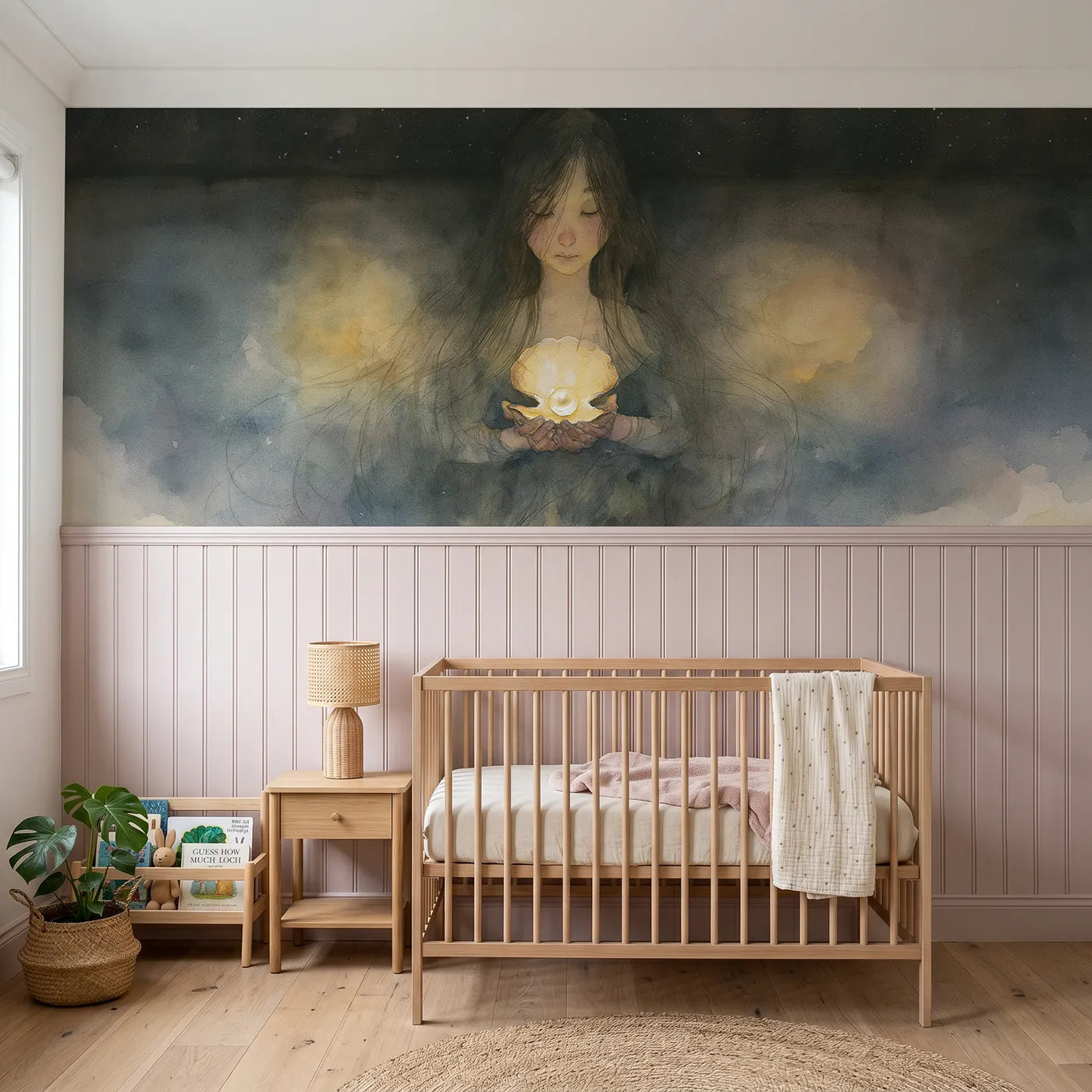 Watercolor wainscoting wallpaper of the light of the pearl by Whimsy Tots