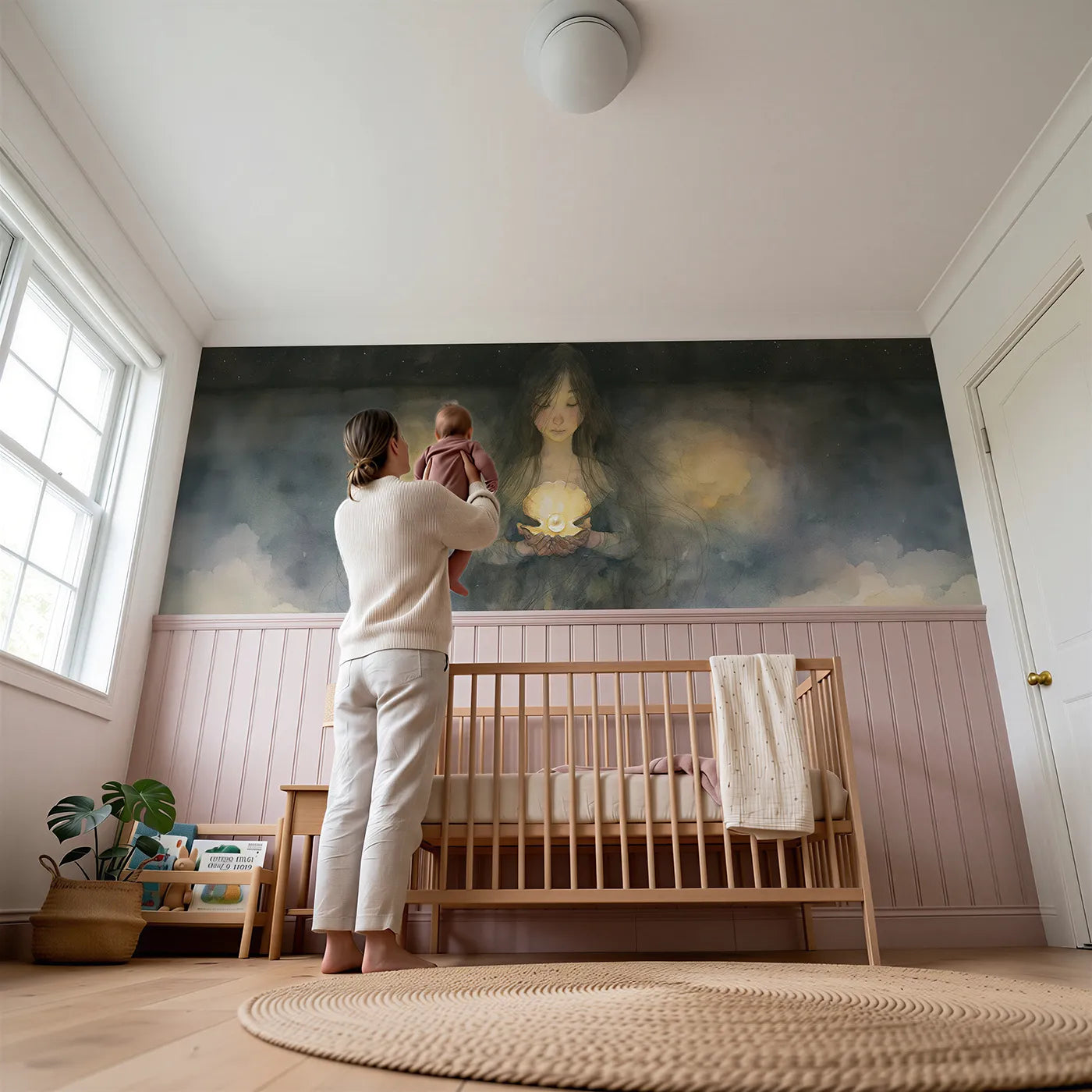 Child reading near Light Of The Pearl Wainscoting Wallpaper by Whimsy Tots