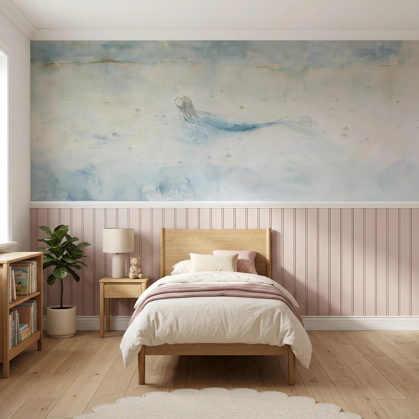 Watercolor wainscoting wallpaper of rain rings on the lagoon by Whimsy Tots