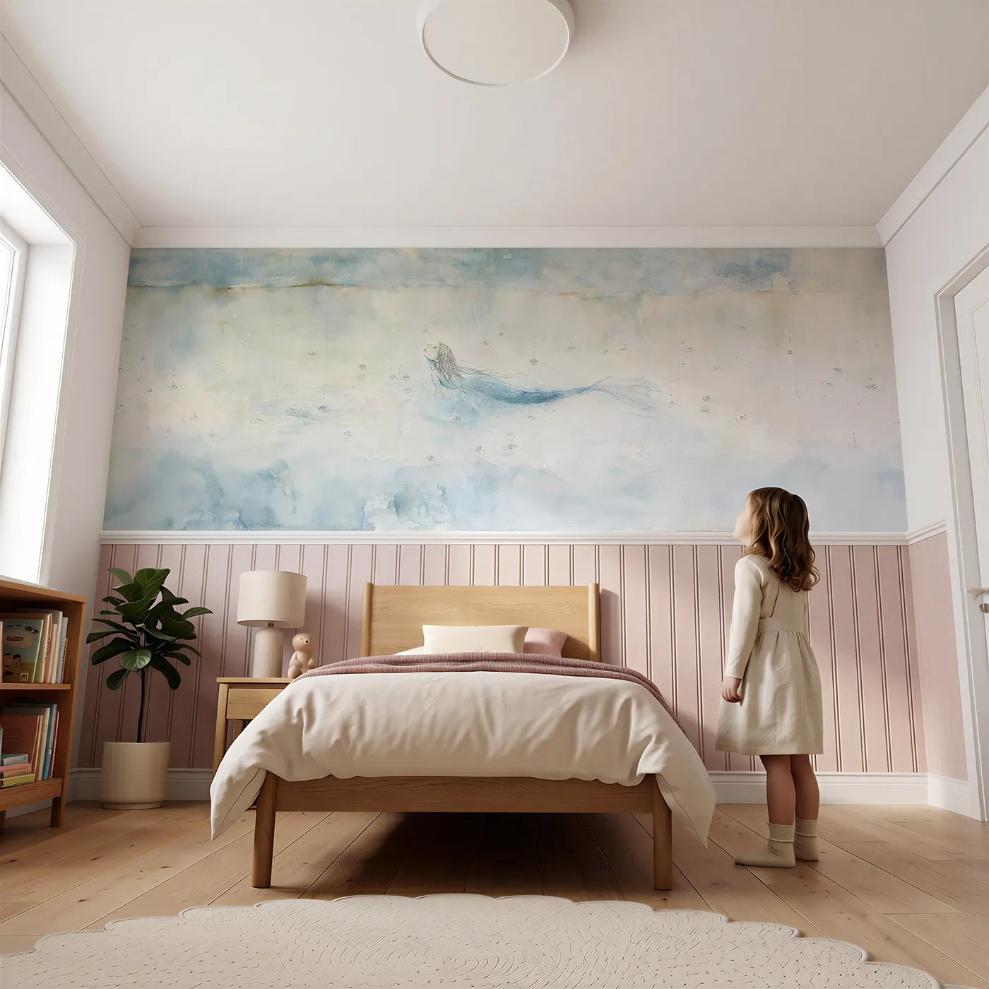 Child reading near Rain Rings On The Lagoon Wainscoting Wallpaper by Whimsy Tots