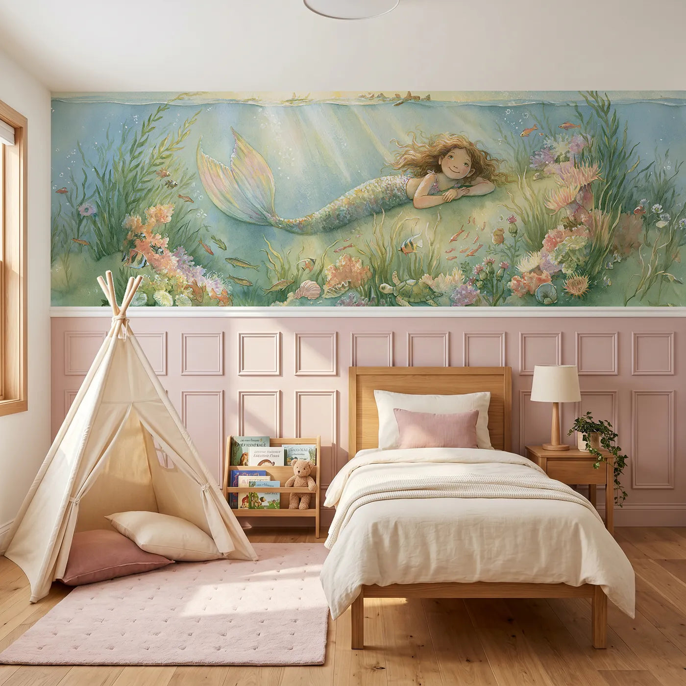Storybook wainscoting wallpaper of her tail catching the light by Whimsy Tots