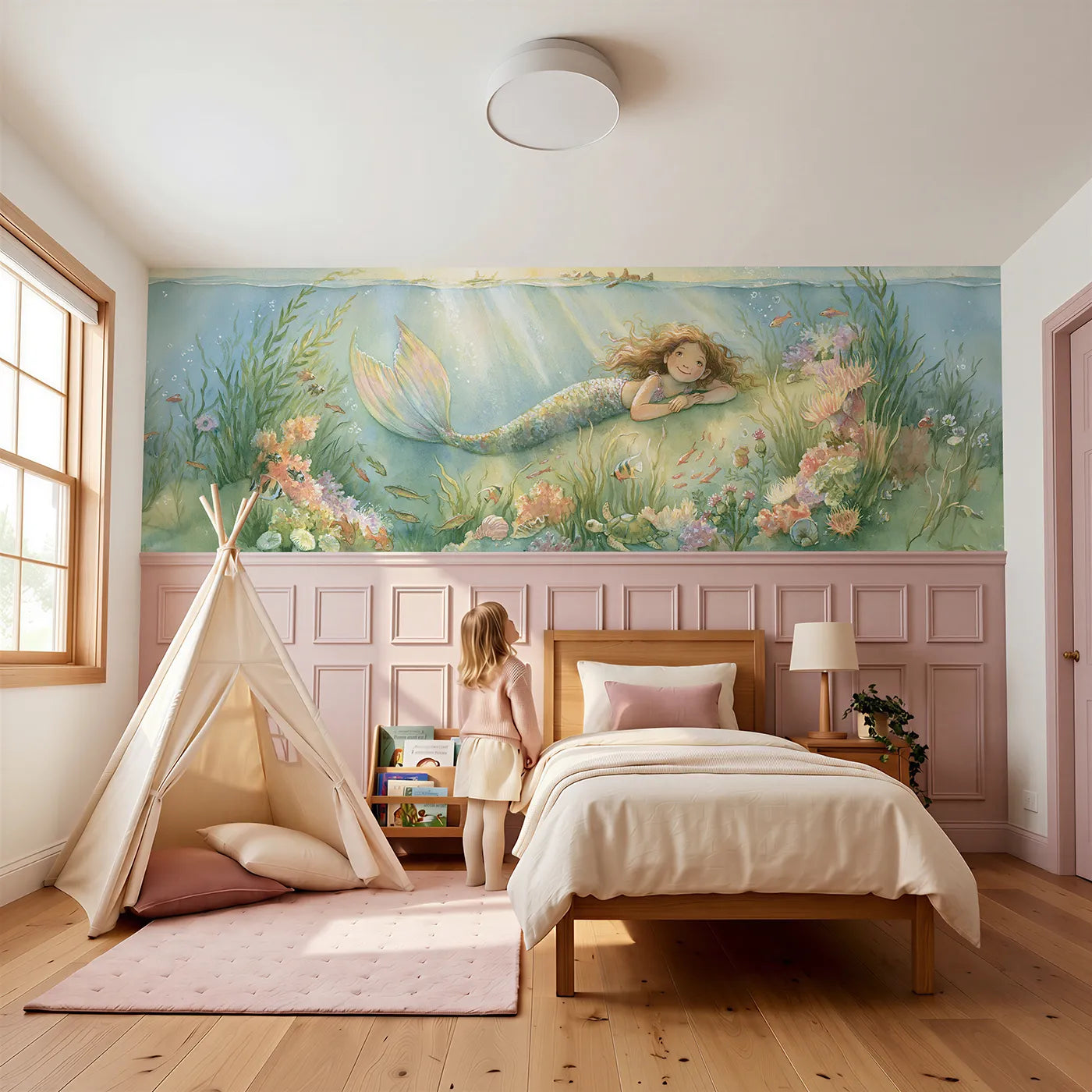 Child reading near Her Tail Catching The Light Wainscoting Wallpaper by Whimsy Tots