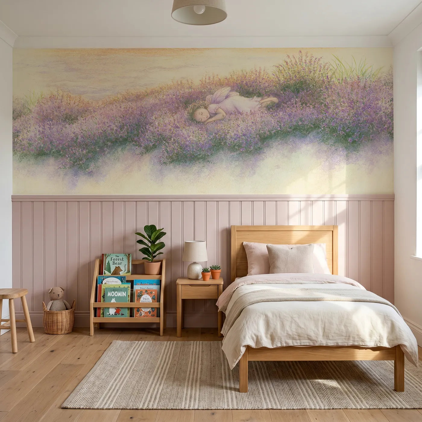 Soft pastel wainscoting wallpaper of asleep in the wild thyme by Whimsy Tots