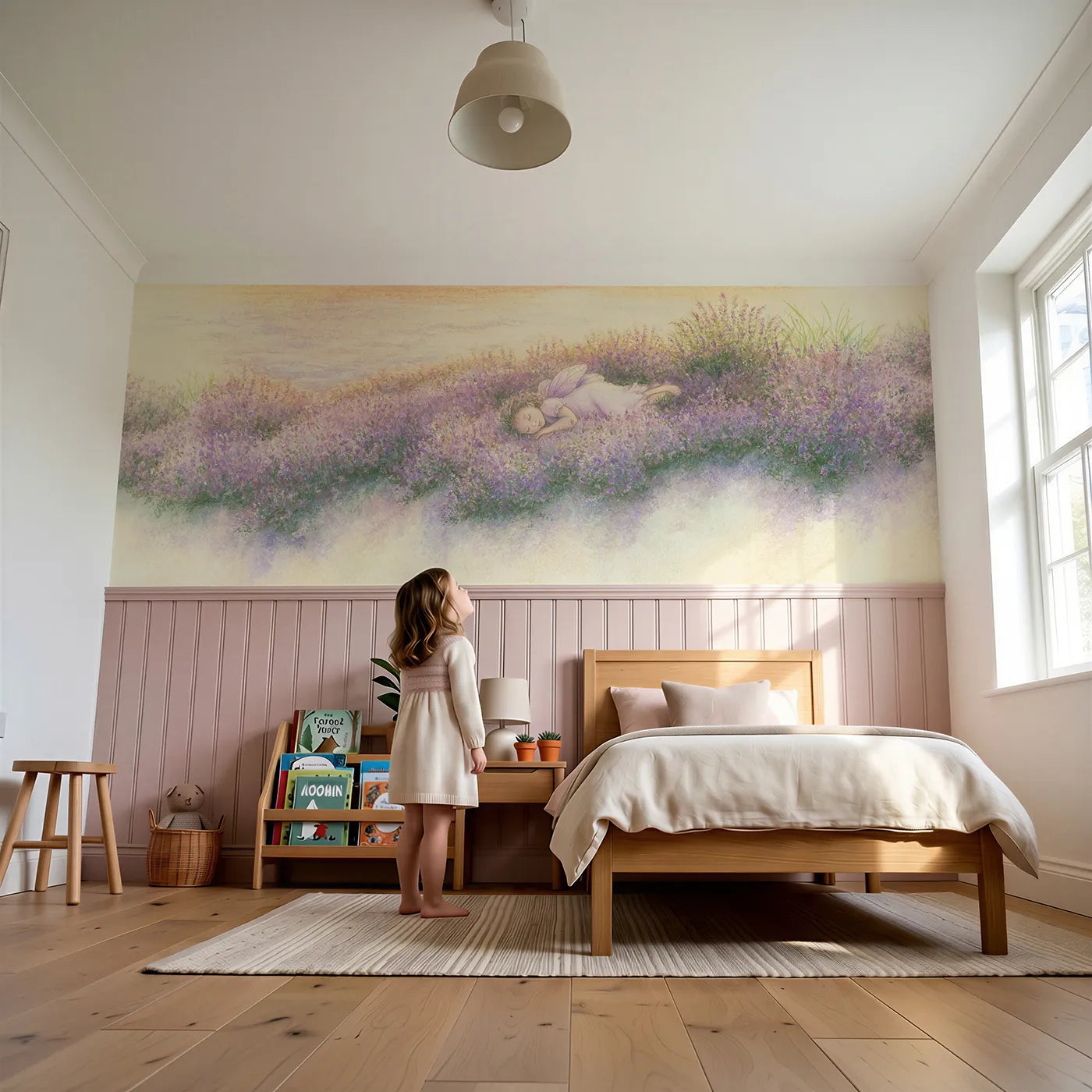 Child reading near Asleep In The Wild Thyme Wainscoting Wallpaper by Whimsy Tots