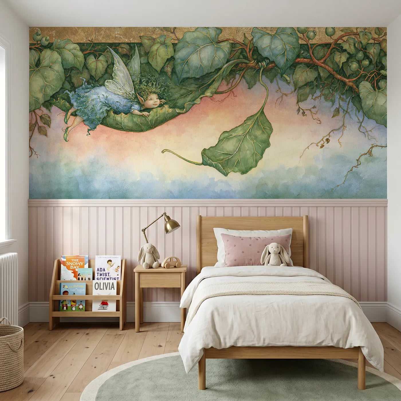 Storybook wainscoting wallpaper of riding the falling leaf by Whimsy Tots