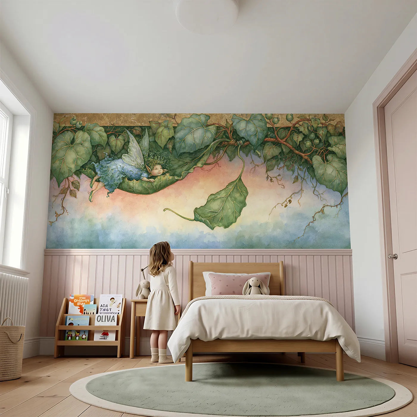 Child reading near Riding The Falling Leaf Wainscoting Wallpaper by Whimsy Tots