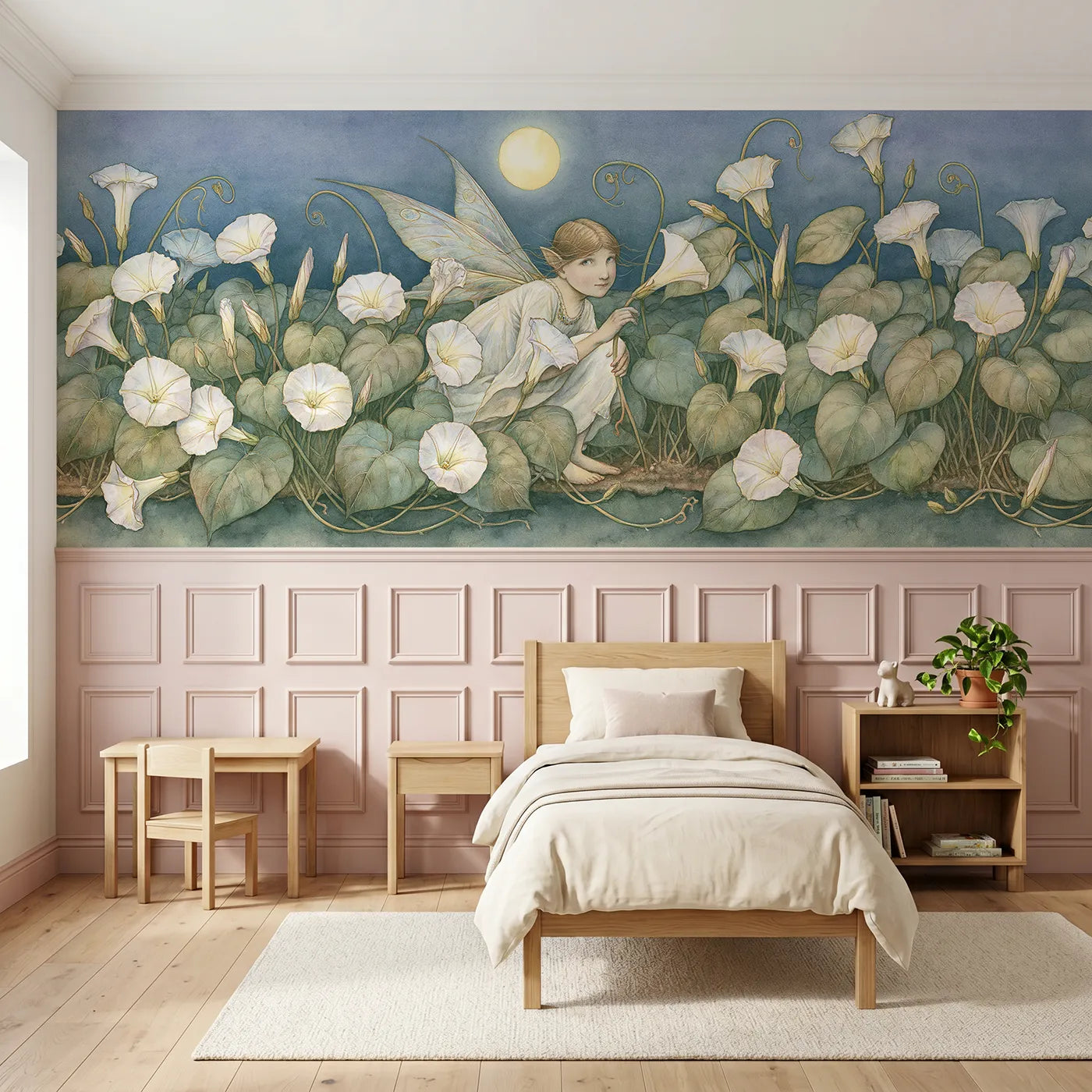 Storybook wainscoting wallpaper of opening the moonflowers by Whimsy Tots