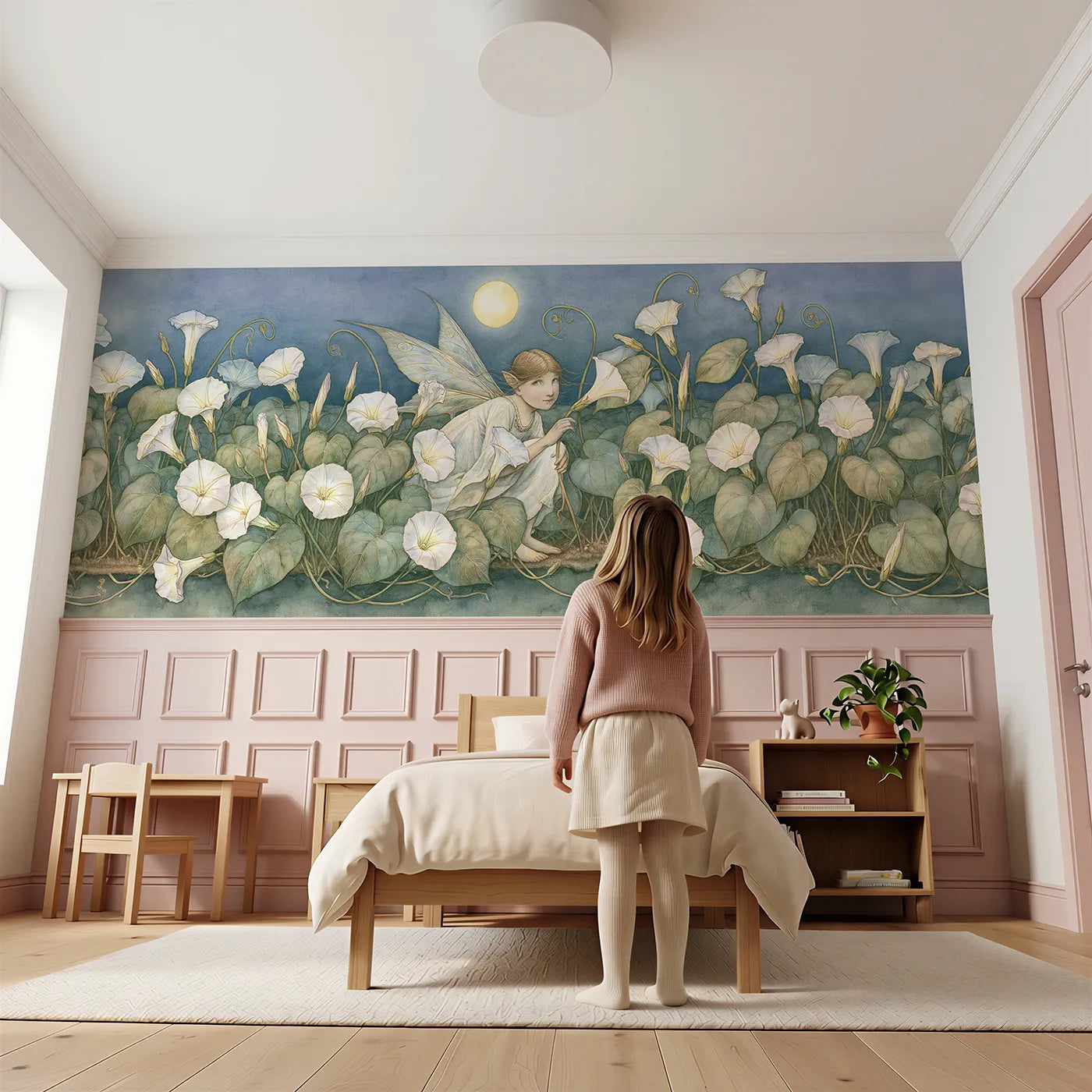 Child reading near Opening The Moonflowers Wainscoting Wallpaper by Whimsy Tots