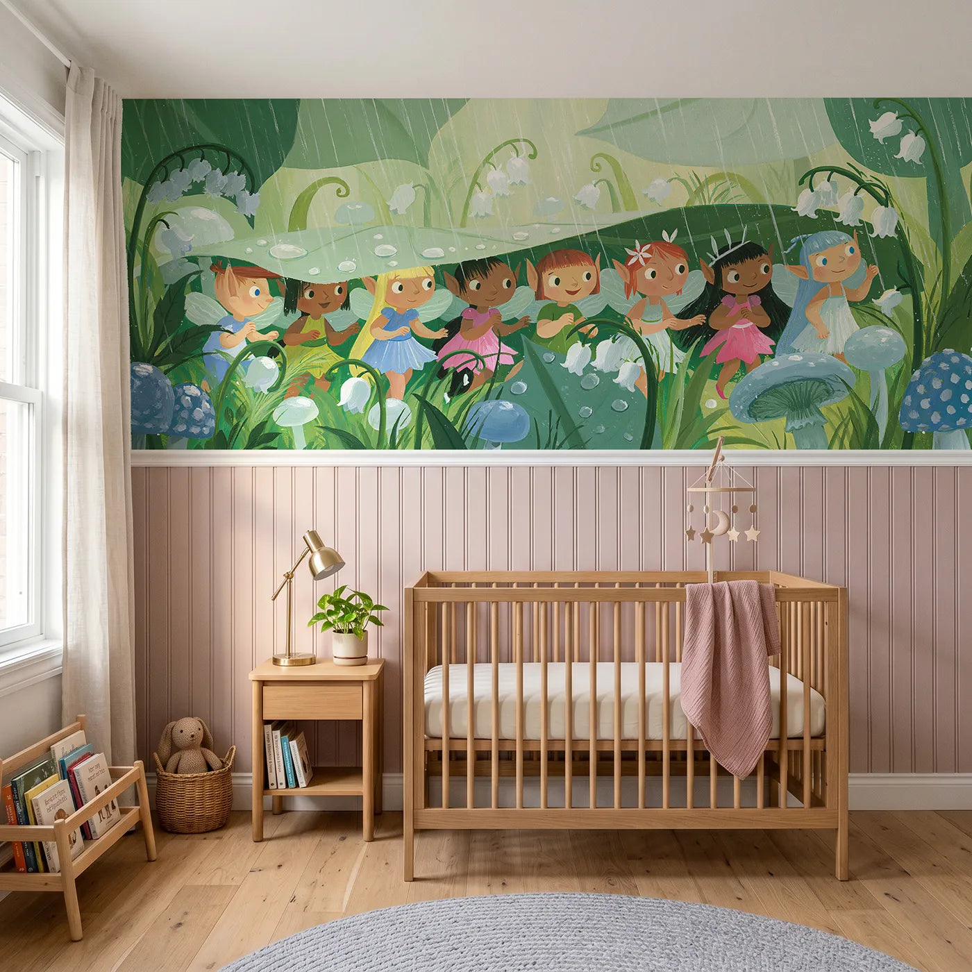 Modern illustration wainscoting wallpaper of little ones under one leaf by Whimsy Tots