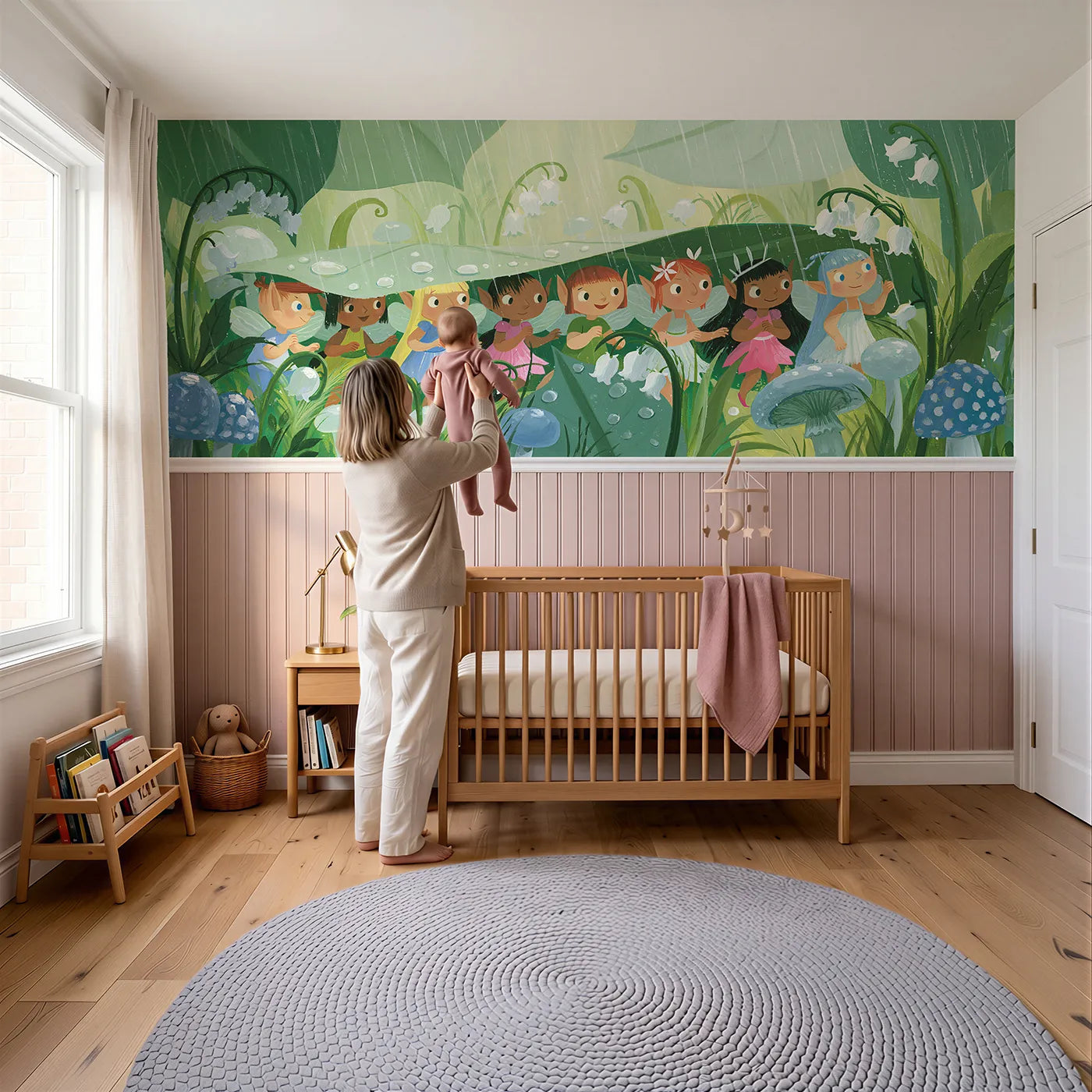 Child reading near Little Ones Under One Leaf Wainscoting Wallpaper by Whimsy Tots