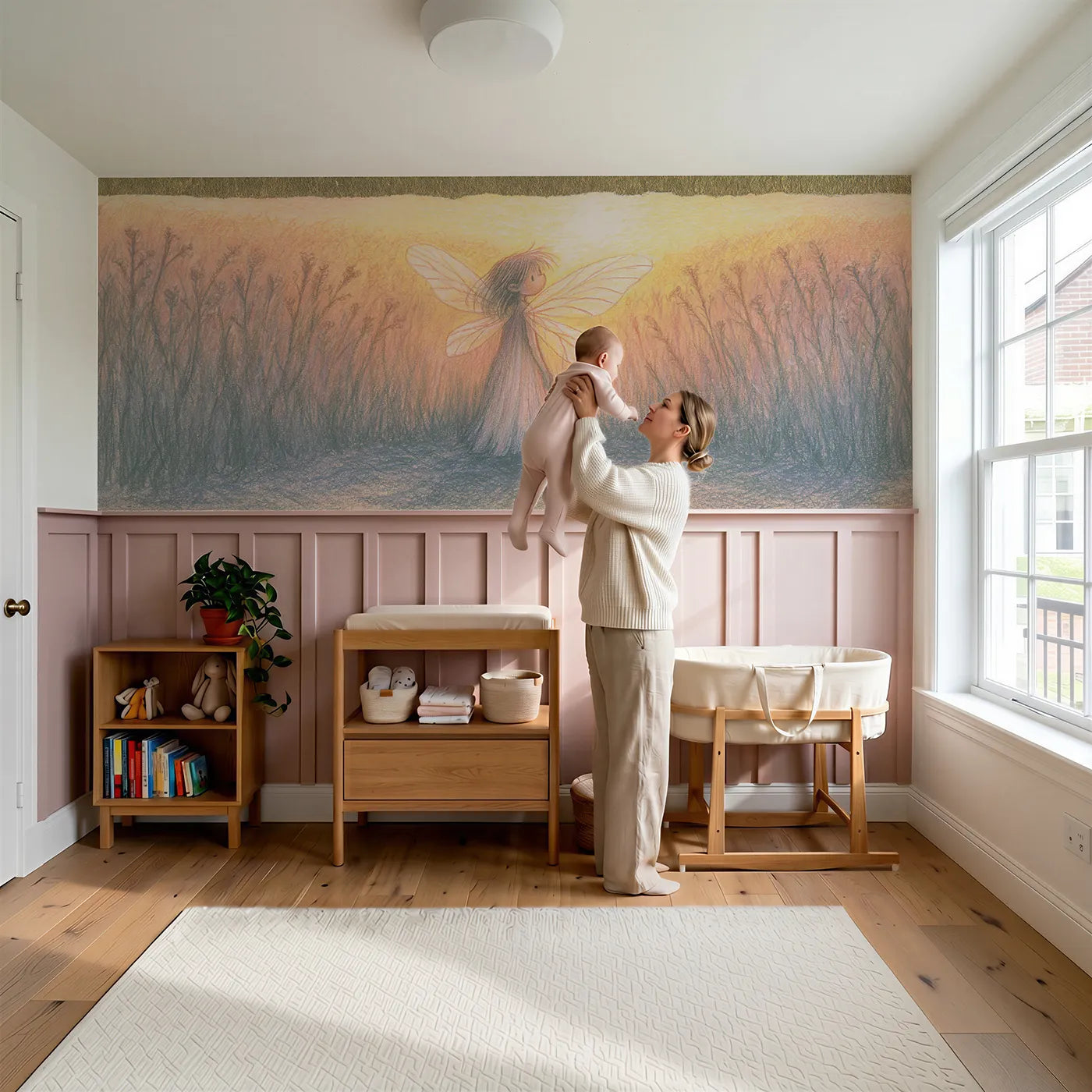 Child reading near The Light Through Her Wings Wainscoting Wallpaper by Whimsy Tots