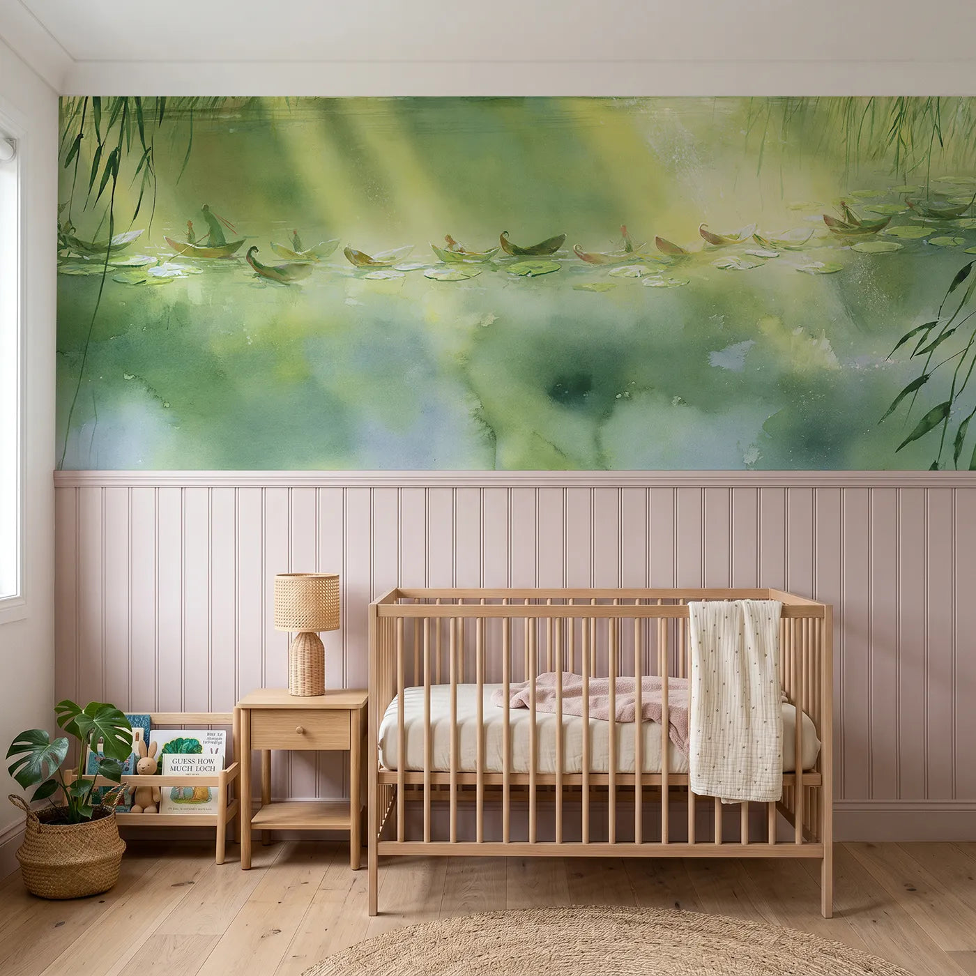 Watercolor wainscoting wallpaper of the leaf-boat fleet by Whimsy Tots
