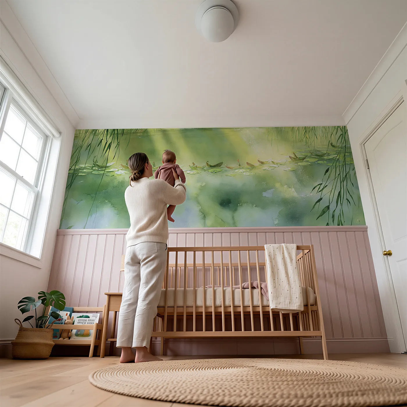 Child reading near The Leaf-Boat Fleet Wainscoting Wallpaper by Whimsy Tots