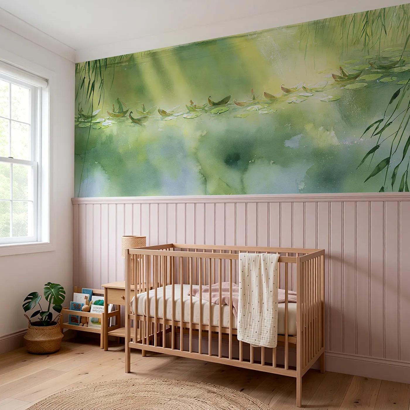 The Leaf-Boat Fleet Wainscoting Wallpaper styled in a kids room by Whimsy Tots
