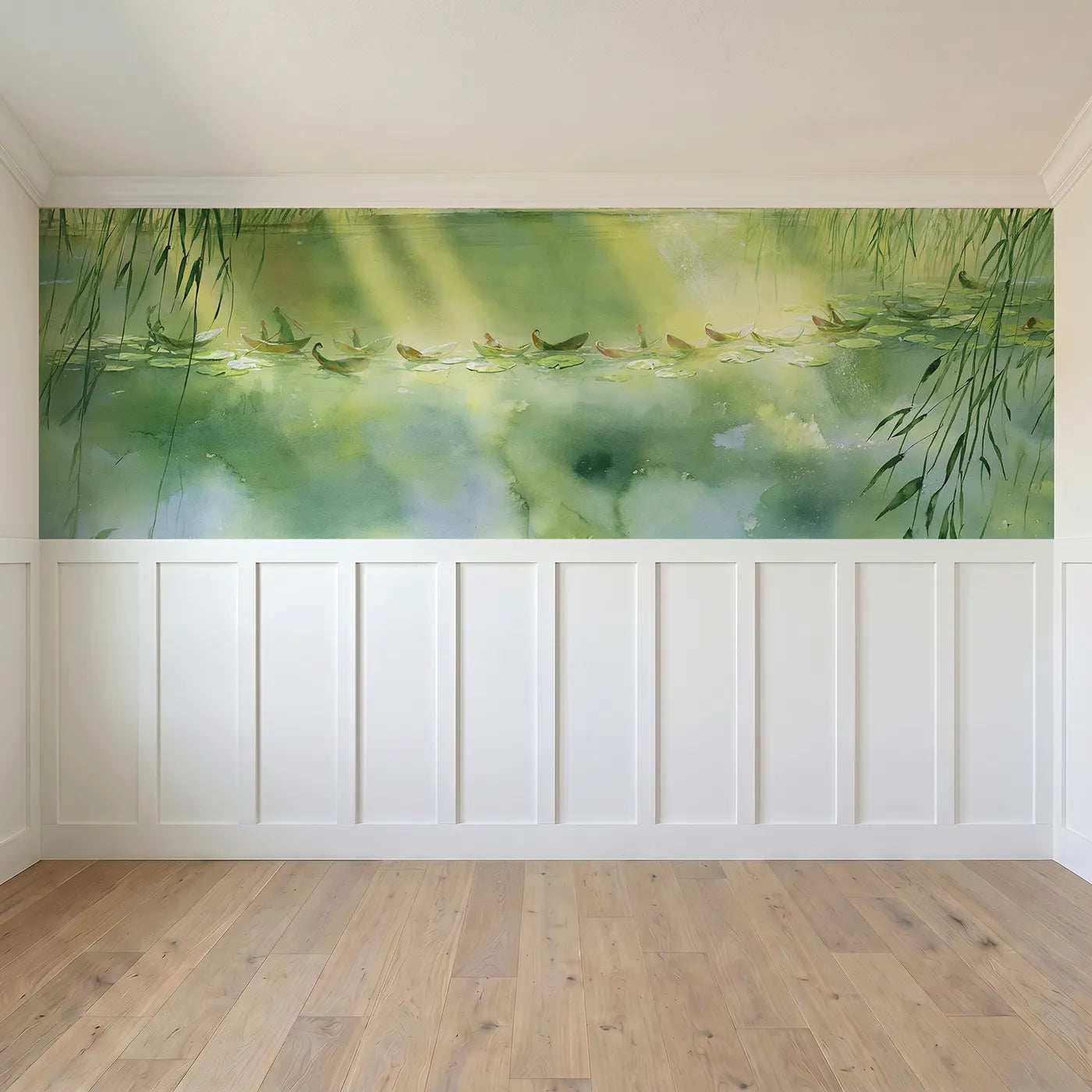 Full panel view of The Leaf-Boat Fleet Wainscoting Wallpaper by Whimsy Tots
