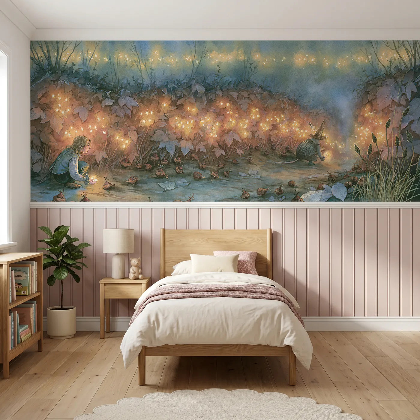 Storybook wainscoting wallpaper of seed lights in the hedge by Whimsy Tots