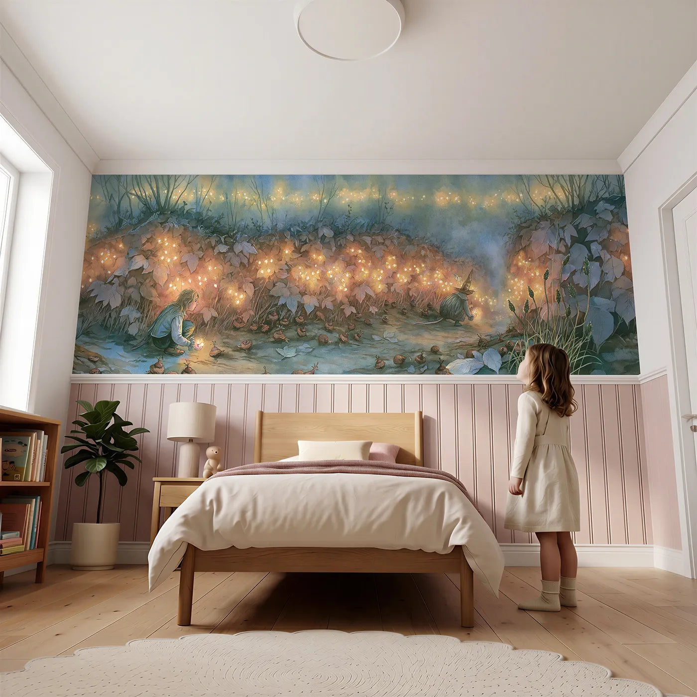 Child reading near Seed Lights In The Hedge Wainscoting Wallpaper by Whimsy Tots